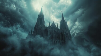 A dark and stormy night. A large gothic cathedral is in the distance. The sky is dark and cloudy. - obrazy, fototapety, plakaty