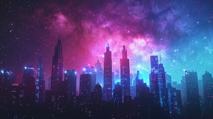 A dark city with purple and blue lights under a starry night sky
