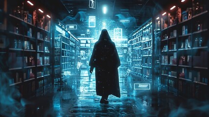 A dark figure in a cloak walks down a long library aisle. The shelves are lined with books and the air is filled with the smell of dust and paper. - obrazy, fototapety, plakaty