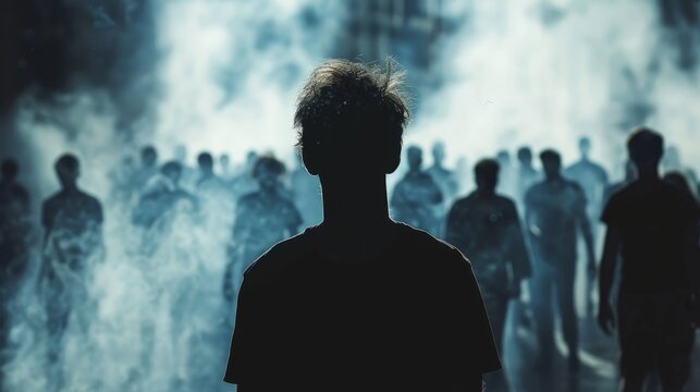 A dark figure stands alone in a crowd of faceless people.