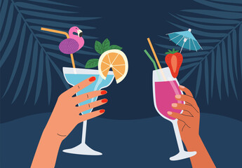 Human hands with tropical cocktails. Vector flat style cartoon illustration