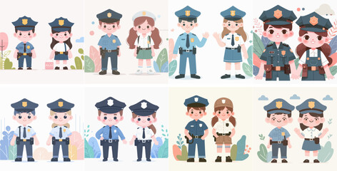 Vector set of police couple with flat design style