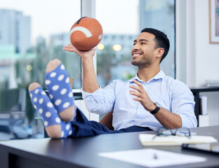 Happy, businessman and ball to relax and rest after work for freedom and balance. Excited, male...