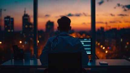 A doctor is sitting at his desk in a hospital room, looking out at the city at sunset. He is wearing a white coat and a stethoscope.