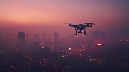 A drone is flying over a city at sunset. The sky is a deep pink color, and the city lights are turned on.