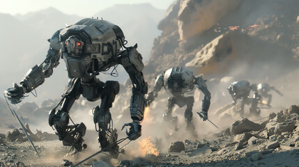Sci-fi battle scene featuring robotic soldiers in a desolate, war-torn landscape, highlighting intense action and futuristic warfare technology. - obrazy, fototapety, plakaty