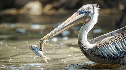 Pelican gulping down a fish, bright day, high contrast documentary style - obrazy, fototapety, plakaty