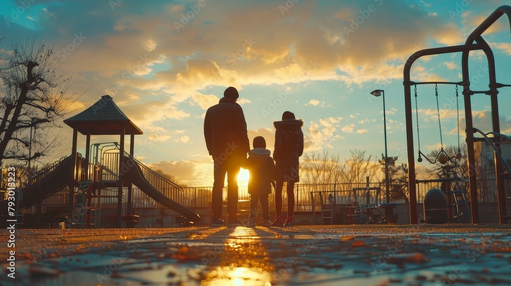 Wall mural a family of three is walking towards the sunset in a park.