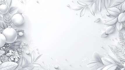 A white background with a leafy border and a bunch of white balls. The balls are scattered around the background and are of different sizes. The image has a festive and joyful mood