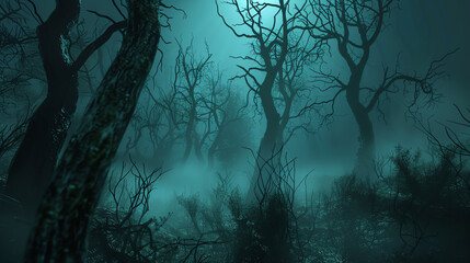Sinister 3D animated scene of a haunted forest at night, with twisted trees and eerie fog, creating a chilling atmosphere.