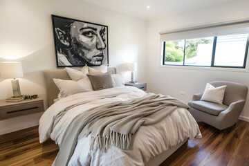 A bedroom with a large framed portrait of a woman on the wall
