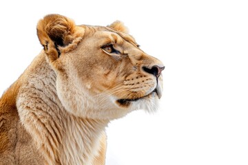 Majesty of a regal lioness, her golden mane billowing in the wind as she surveys her domain, isolated on pure white background.