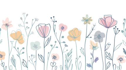 Simple line drawing of cute pastel flowers, minimalistic design, 2d illustration on a white background with flat colors