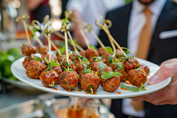A plate of meatballs with skewers on a white plate - obrazy, fototapety, plakaty