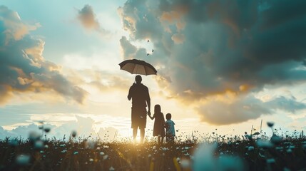 A father is holding an umbrella and his two children while the sun is setting.
