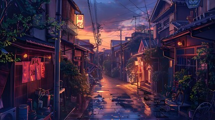Evening in Japanese Town: Anime Style, Cozy Lofi Vibes, Traditional Asian Architecture