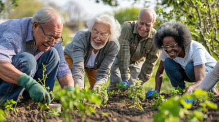 A group of seniors gardening and sharing gardening tips for Earth Day.