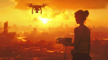 A girl is flying a drone over a city at sunset.
