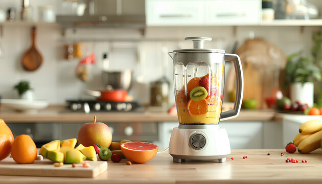 Modern blender with fresh fruits and cutting board on table in kitchen