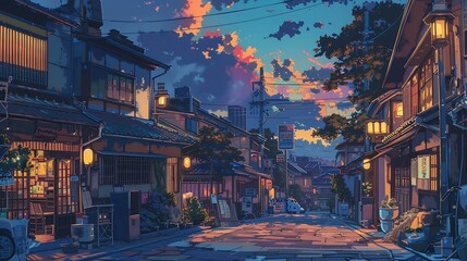 Lofi Japanese Town: Evening Street, Anime Style, Cozy Asian Architecture, Traditional Houses