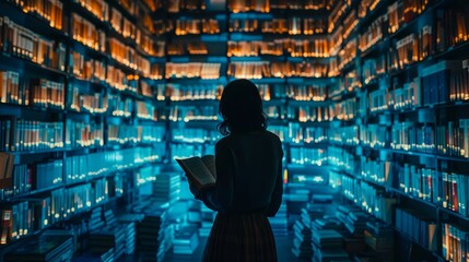 A girl reading a book in a library full of glowing books. - obrazy, fototapety, plakaty