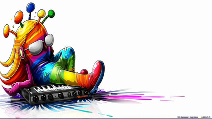 A colorful cartoon character is laying on a keyboard. The character is wearing sunglasses and he is relaxing. The image is meant to convey a sense of fun and playfulness