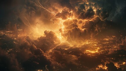 A golden storm over a city at night