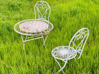Chaises et table dans un jardin