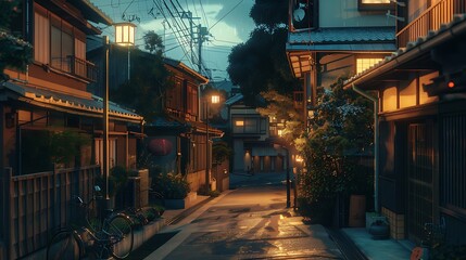 Japanese Street: Evening Scene, Anime Artstyle, Cozy Lofi Architecture, Traditional Town