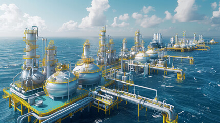 A large industrial complex is built on the ocean, with many yellow and white structures. The scene is calm and peaceful, with the water and sky providing a serene backdrop