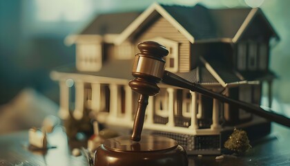 gavel  on a wooden table in front of a model house.
