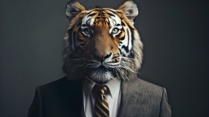 portrait of tiger in a full-length business suit on a dark background. Generated AI