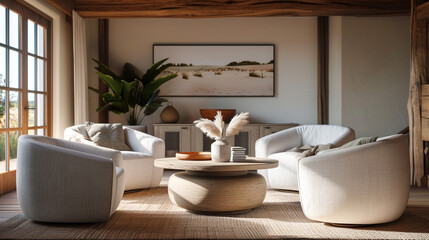 Fototapeta na wymiar living room soft neutral wood beams swivel color fabric chairs