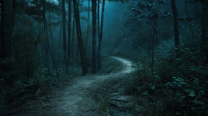A winding path disappearing into the depths of the forest, tempting explorers to uncover its secrets under the cover of night