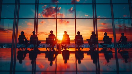 A group of people are sitting in a conference room looking out at the sunset. - obrazy, fototapety, plakaty