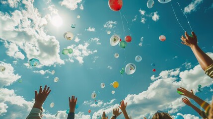 People releasing biodegradable balloons with Earth Day messages into the sky. 