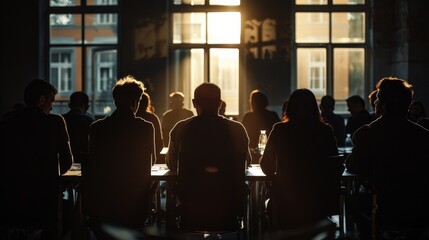 A group of people are sitting in a dark room, lit only by the light from the windows.