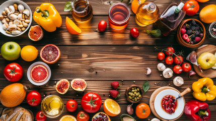 A table full of fruits and vegetables including apples, oranges, tomatoes, and peppers. The table is set for a meal, with a variety of dishes and condiments