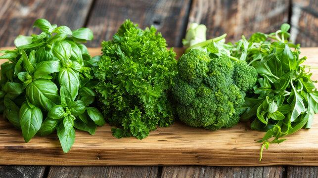 A wooden board with a variety of green vegetables including broccoli, parsley