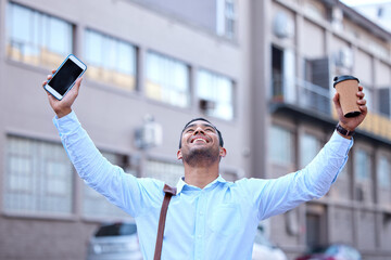 Businessman, excited and celebration in city with phone for hiring, interview success and salary...
