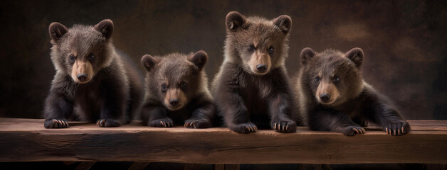 Filhotes de urso pardo em cima de uma tábua de madeira