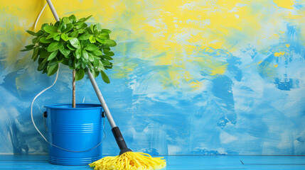 A blue bucket with a plant in it and a yellow mop leaning against it. The image has a clean and organized feel to it - obrazy, fototapety, plakaty
