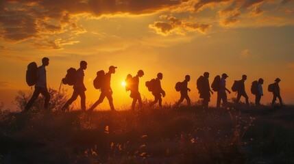 A group of people are walking into the sunset.