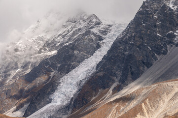 View of Langtang glacier seen from Tsergo Ri peak in Langtang national park of Nepal.