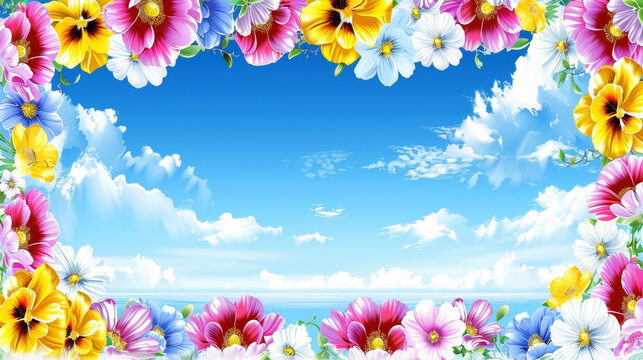 A colorful flowery border with a blue sky in the background