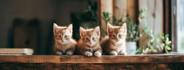 Filhotes de gatos fofos em cima de uma tábua de madeira - obrazy, fototapety, plakaty