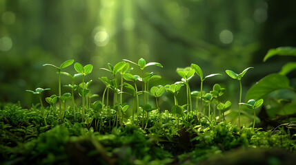 Verdant Beginnings
New life emerges in a lush forest, where young sprouts reach for the dappled light, cradled by the soft embrace of vibrant moss.