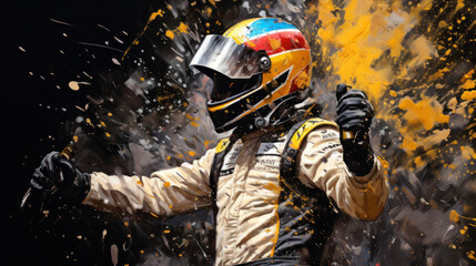 Fototapeta premium Silhouette of race car driver celebrating the win in a race against bright stadium lights.