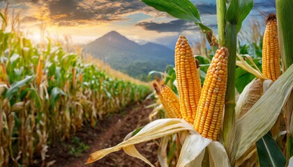 Close-up corn cobs in corn plantation field. - obrazy, fototapety, plakaty