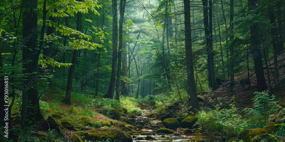 Poster a peaceful forest setting with a message of conservation and preservation.